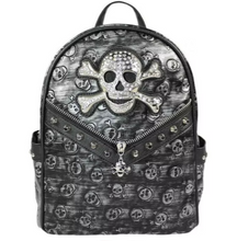 Load image into Gallery viewer, Pewter Embossed Skull and Studs Mini Backpack
