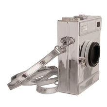 Load image into Gallery viewer, Silver vintage camera shaped purse with a strap on a white background
