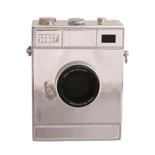 Load image into Gallery viewer, Silver camera-shaped purse on a white background
