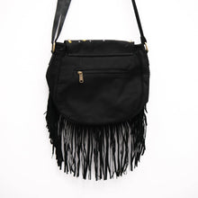 Load image into Gallery viewer, Black fringe bag with gold zippers on a white background

