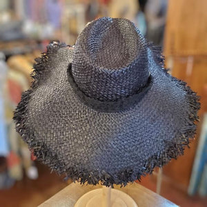 Black Teardrop Crown Raw Edge Sun Hat with Lace Band