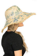 Load image into Gallery viewer, Teal Peony Floral Priny Frayed Brim Straw Sun Hat with Bead Detail
