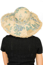 Load image into Gallery viewer, Teal Peony Floral Priny Frayed Brim Straw Sun Hat with Bead Detail
