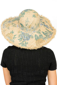Teal Peony Floral Priny Frayed Brim Straw Sun Hat with Bead Detail