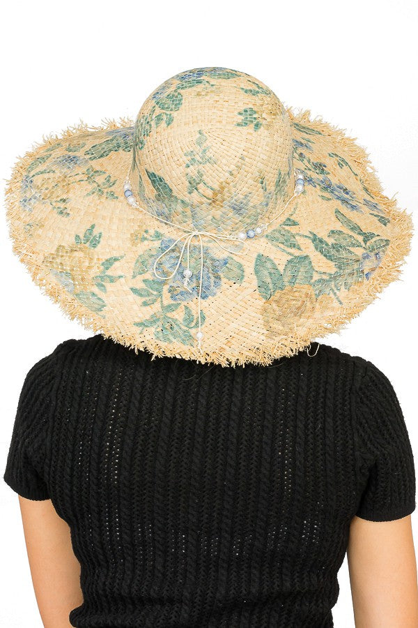 Teal Peony Floral Priny Frayed Brim Straw Sun Hat with Bead Detail
