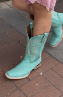 Turquoise Embroidered Square Toe Boot