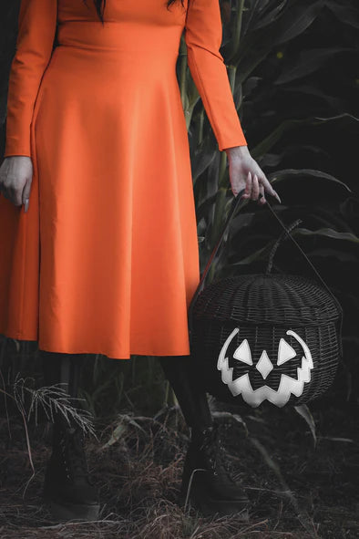 Haunted Hallows Black Pumpkin Jack O Lantern Wicker Picnic Basket Bag