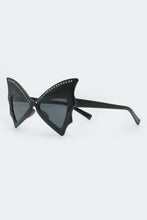 Load image into Gallery viewer, Black cat-eye sunglasses with decorative elements on a white background
