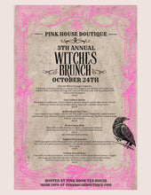 Load image into Gallery viewer, A vintage-style event menu poster for the '5th Annual Witches Brunch' by Pink House Boutique, dated October 24th. The poster features a pink and beige background with ornate gothic typography and an illustration of a black bird on the right side.
