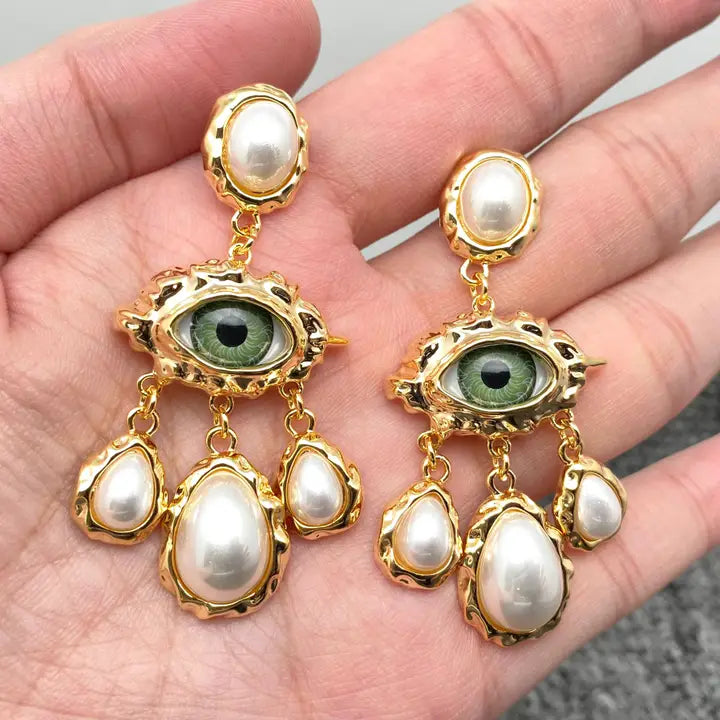 Temperament Evil Eye and Pearl Charm Statement Earrings