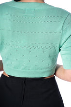 Load image into Gallery viewer, A mint green short-sleeve cropped knit top with horizontal eyelet cutout patterns, shown from the back on a model wearing black pants.
