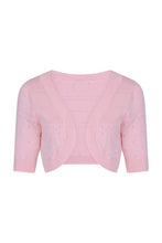 Load image into Gallery viewer, A light pink cropped knit cardigan with short sleeves and a V-neckline, featuring decorative eyelet embroidery, shown against a plain white background.
