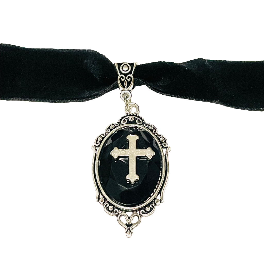 Cross Cameo Velvet Ribbon Choker Necklace