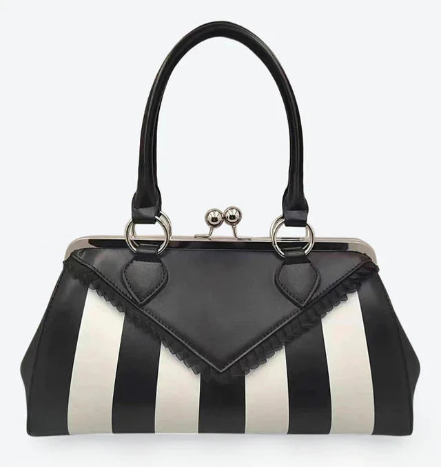 Black and White Striped Kisslock Handbag Purse