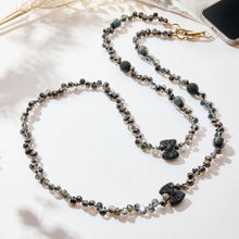 Load image into Gallery viewer, Black Bejeweled Bow and Gunmetal Crystal Droplet Beaded Crossbody Lanyard
