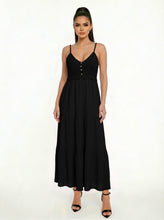 Load image into Gallery viewer, Woman wearing a black dress with crochet top and buttons on a white background
