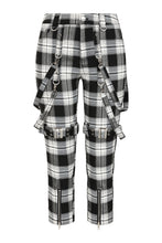 Load image into Gallery viewer, Black and white plaid pants with harnesses on a white background
