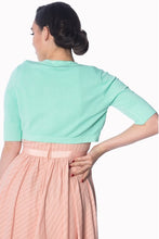Load image into Gallery viewer, A woman shown from the back wearing a mint green short-sleeve knit top and a pink pleated skirt, against a plain white background.
