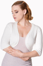 Load image into Gallery viewer, Woman wearing a white cardigan over a light gray dress on a white background
