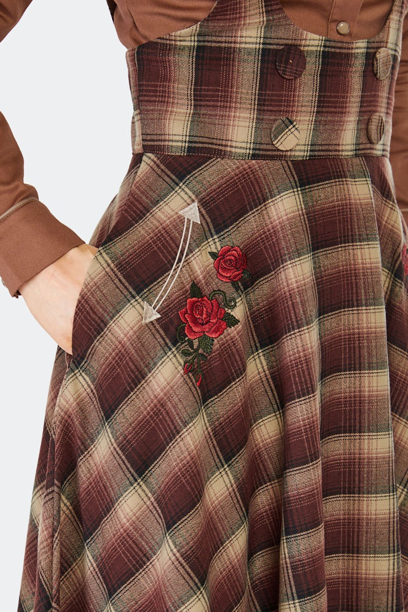 Brown Western Embroidered Plaid Flare Suspender Skirt