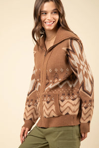Camel Beige Winter Patterned Zippered Jacket