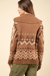 Camel Beige Winter Patterned Zippered Jacket