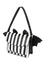 Load image into Gallery viewer, Black and white striped handbag with bat wings on a white background
