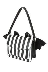 Black and white striped handbag with bat wings on a white background