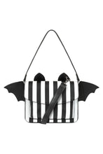 Load image into Gallery viewer, Black and white striped bag with bat wings on a white background
