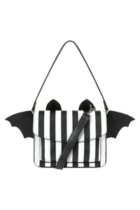 Black and white striped bag with bat wings on a white background