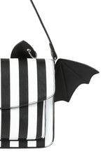 Load image into Gallery viewer, Black and white striped bag with bat wing design on a white background

