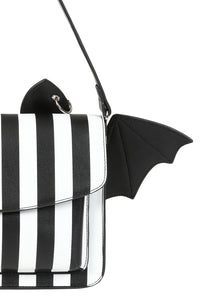 Black and white striped bag with bat wing design on a white background