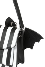 Load image into Gallery viewer, Black and white striped bag with bat wing design on a white background
