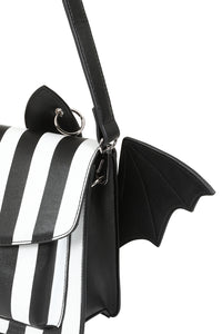 Black and white striped bag with bat wing design on a white background