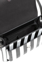 Load image into Gallery viewer, Black bag with a striped compartment and on a white background
