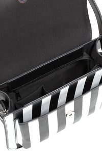 Black bag with a striped compartment and on a white background
