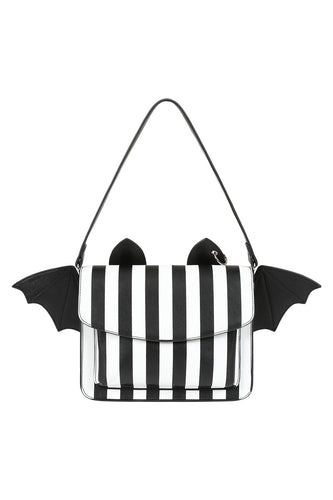 Black and white striped bag with bat wings on a white background