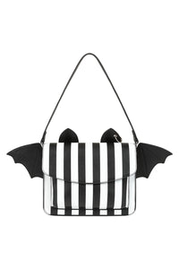 Black and white striped bag with bat wings on a white background