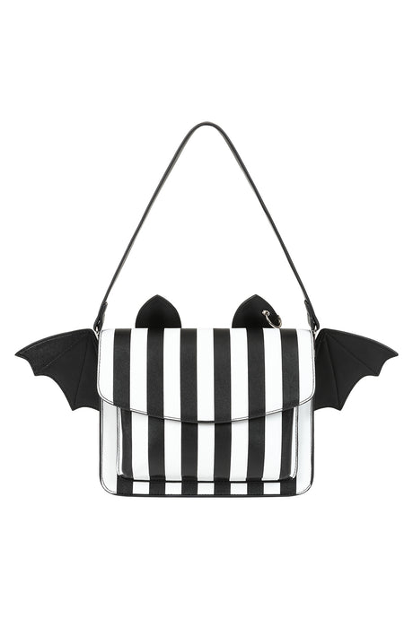 Black and white striped bag with bat wings on a white background