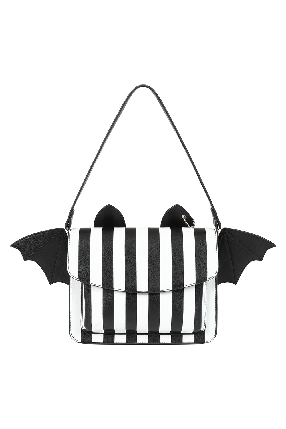Black and white striped bag with bat wings on a white background