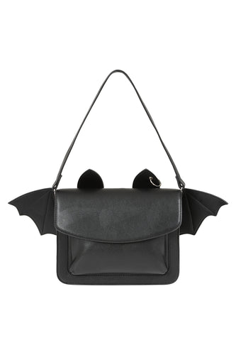 Black bat-shaped handbag with wings on a white background