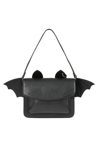 Black bat-shaped handbag with wings on a white background