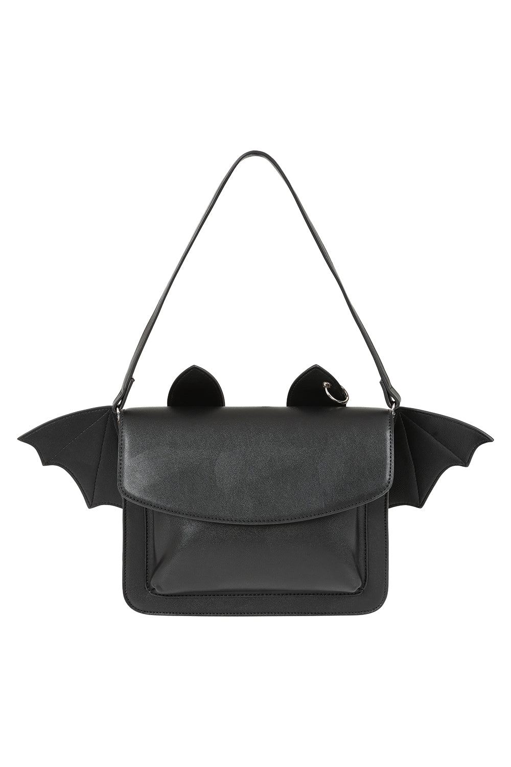 Black bat-shaped handbag with wings on a white background