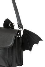 Load image into Gallery viewer, Black handbag with bat-wing design on a white background
