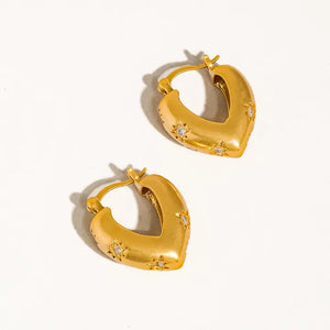 Gold Heart with Crystal Stars Hoop Earrings