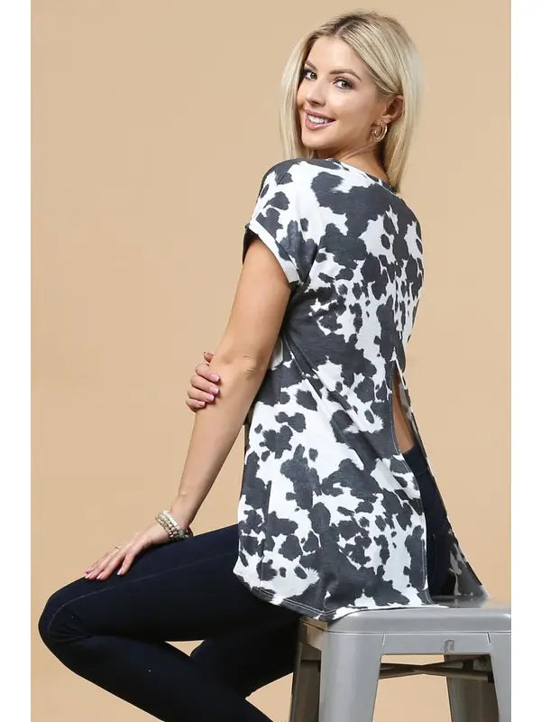 Zoey Cow Print Open Back High-Low Top