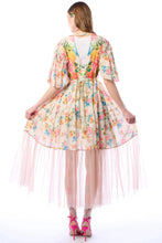 Load image into Gallery viewer, Woman wearing a floral dress with sheer sleeves and bottom half on a white background
