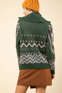 Forest Green Winter Patterned Zippered Jacket