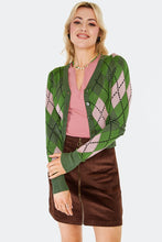 Load image into Gallery viewer, Green and Pink V-Neck Argyle Cardigan

