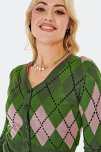 Load image into Gallery viewer, Green and Pink V-Neck Argyle Cardigan
